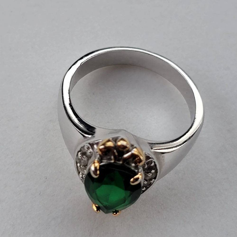 Emerald Teardrop Silver Ring Simulated Diamond Gemstone Gold Tone Accent sz 12